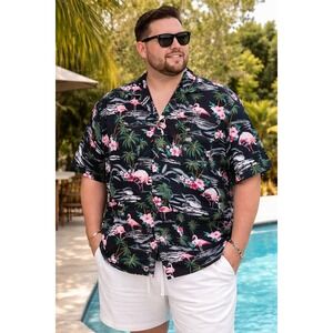 RJC Hawaiian Shirt Mens 3XL Black Pink Flamingo Hibiscus Aloha Camp